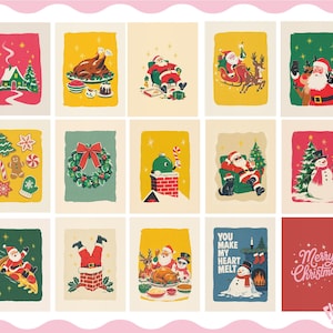 May include: A collection of fourteen rectangular Christmas-themed cards featuring illustrations of Santa Claus, snowmen, holiday food, and festive decorations. One card displays the text Merry Christmas and another says You make my heart melt.
