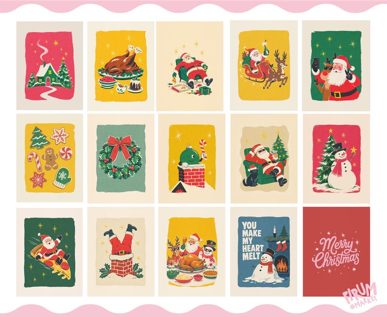 May include: A collection of fourteen rectangular Christmas-themed cards featuring illustrations of Santa Claus, snowmen, holiday food, and festive decorations. One card displays the text Merry Christmas and another says You make my heart melt.