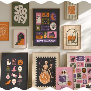 May include: A gallery wall collection of ten framed posters featuring Halloween-themed illustrations including ghosts, skeletons, black cats, pumpkins, and text such as SPOOKY, HOCUS POCUS, IN MY WITCHY ERA, HAPPY HALLOWEEN, and GHOSTING IS NOT YOUR JOB.