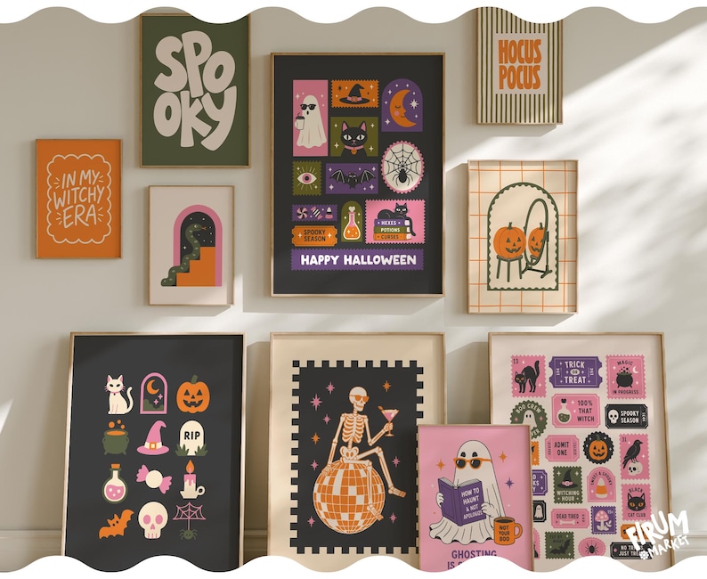 May include: A gallery wall collection of ten framed posters featuring Halloween-themed illustrations including ghosts, skeletons, black cats, pumpkins, and text such as SPOOKY, HOCUS POCUS, IN MY WITCHY ERA, HAPPY HALLOWEEN, and GHOSTING IS NOT YOUR JOB.