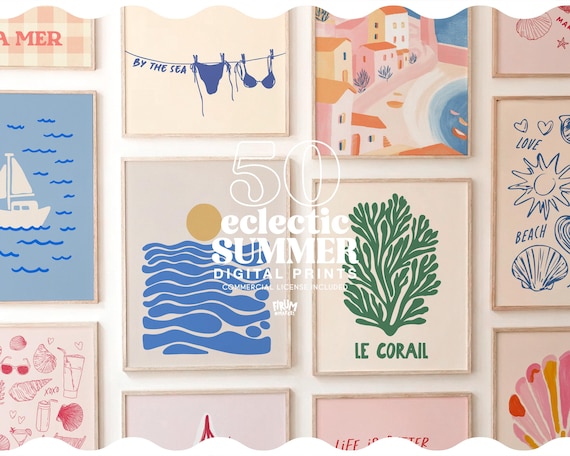 Eclectic Summer 50 Wall Art Bundle, Coastal Gallery Poster Set, Licensed Use Included | 170