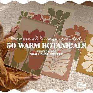 Puede incluir: Una colección de láminas de arte botánico en tonos cálidos, con diseños florales rojos, amarillos y verdes. El texto en las láminas dice "50 Warm Botanicals" y "commercial license included".