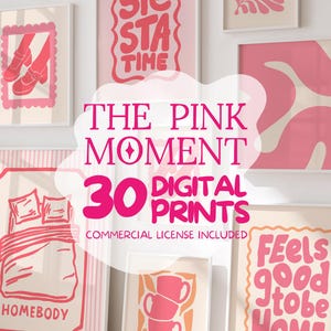Op de afbeelding: Een verzameling ingelijste digitale prints in roze en crèmekleurige tinten. De prints tonen diverse ontwerpen, waaronder tekst die luidt "Siesta Time" en "Feels good to be HOME". De tekst "THE PINK MOMENT 30 DIGITAL PRINTS" is ook zichtbaar.