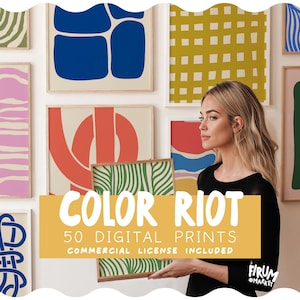 May include: A display of framed abstract art prints in shades of blue, red, green, and yellow. The prints showcase geometric shapes and patterns. The image includes the text "COLOR RIOT" and "50 DIGITAL PRINTS COMMERCIAL LICENSE INCLUDED".