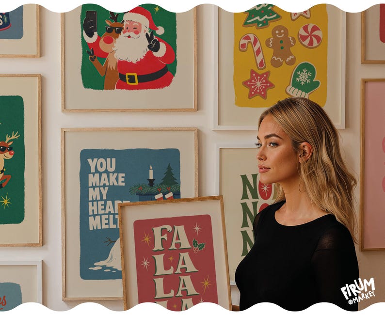 May include: A collection of framed Christmas-themed wall art prints featuring illustrations of Santa Claus, reindeer, gingerbread cookies, and holiday text including "You Make My Heart Melt" and "Fa La La La" in various colors.