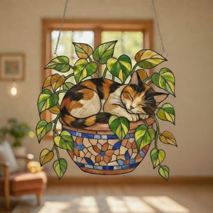 May include: A stained glass hanging depicting a sleeping calico cat in a mosaic flower pot with green and yellow leaves. The cat is orange, black, and white.