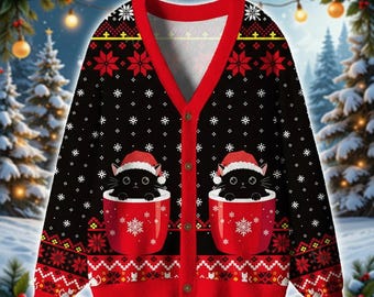 赤いクリスマスキャットカーディガン – ホリデーシーズンにぴったりの
