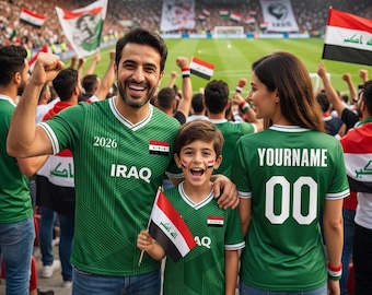 Iraq 2026 Green Soccer Jersey, Custom Name Number Shirt, Football Fan Gift for Kids Youth Men Women