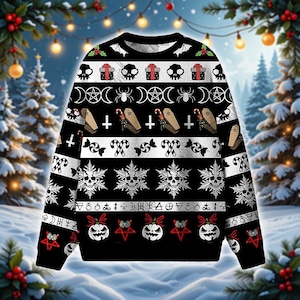 Könnte beinhalten: Schwarzer Rundhals-Pullover mit einem sich wiederholenden Muster aus Totenköpfen, Särgen, Spinnen und Zuckerstangen. Der Pullover hat ein festliches Urlaubs-Thema mit einem gotischen Touch, mit roten und weißen Akzenten.