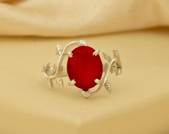 Natural Red Yemeni Aqeeq Ring: 925 Sterling Silver Handmade Ring Leaf Rings