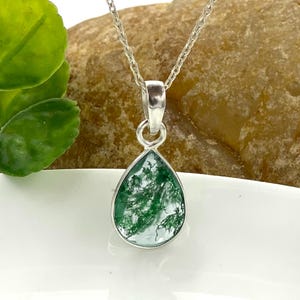 Natural Pear Moss Agate Pendant, Bezel Moss Agate Necklace, AAA Moss Agate Jewelry, 925 Silver Pendant, Green Moss Pendant, Christmas Gifts