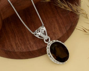 Oval Smoky Quartz Pendant: 925 Sterling Silver Bezel Necklace Gift For Her