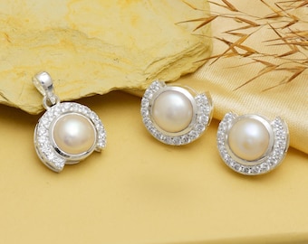 Real Pearl Pendant Necklace, Freshwater Pearl Jewelry Set, 925 Sterling Silver