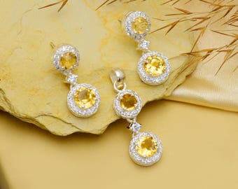 Natural Citrine Sterling Silver Necklace and Earrings Set