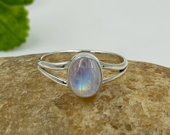 Oval Rainbow Moonstone Ring: Handmade Sterling Silver Boho Jewelry