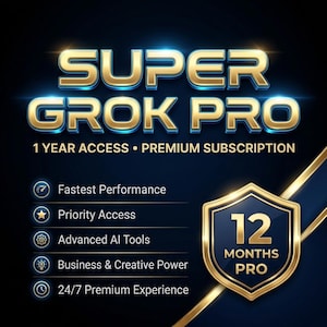 Könnte beinhalten: Eine Werbegrafik mit dem Text "SUPER GROK PRO" in goldfarbenen Buchstaben. Das Bild hebt Funktionen wie "Fastest Performance" und "Advanced AI Tools" hervor. Ein goldenes Schild zeigt "12 MONTHS PRO".