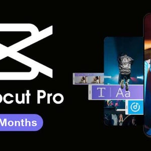 May include: The CapCut Pro logo in white text and a stylized icon on a black background, featuring a purple 12Months badge. To the right, a smartphone displays a video editing interface with a person wearing glasses and various editing tool icons.