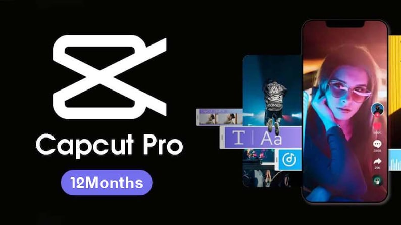 May include: The CapCut Pro logo in white text and a stylized icon on a black background, featuring a purple 12Months badge. To the right, a smartphone displays a video editing interface with a person wearing glasses and various editing tool icons.
