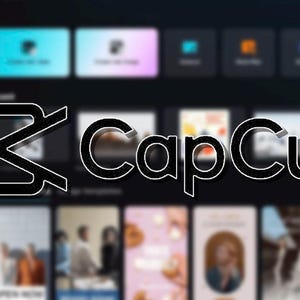 May include: The CapCut software interface features a dark background with a prominent white logo consisting of a stylized geometric symbol next to the text CapCut. Below the logo, a grid of various video project templates is displayed.