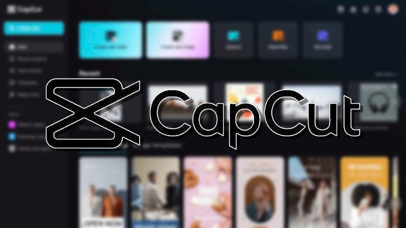 May include: The CapCut software interface features a dark background with a prominent white logo consisting of a stylized geometric symbol next to the text CapCut. Below the logo, a grid of various video project templates is displayed.