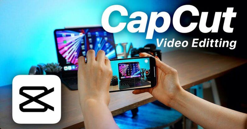 May include: A smartphone displaying a video recording interface with a tablet screen visible on the display. The text CapCut Video Editting is overlaid in white. A white square icon with a black stylized scissors logo is positioned in the corner.