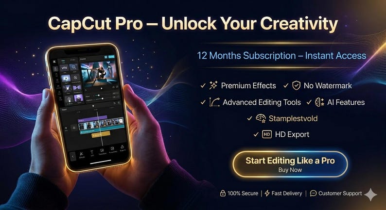 May include: A smartphone displaying the CapCut Pro interface with a 12-month subscription offer. Text includes CapCut Pro &ndash; Unlock Your Creativity, 12 Months Subscription &ndash; Instant Access, Premium Effects, No Watermark, Advanced Editing Tools, AI Features, Stamplestvold, HD Export, and Start Editing Like a Pro.