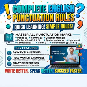 Puede incluir: Un gráfico colorido que promueve las reglas de puntuación en inglés. La imagen incluye el texto "COMPLETE ENGLISH PUNCTUATION RULES" y enumera signos de puntuación como puntos, comas y signos de interrogación. Un portátil muestra una lección en vídeo sobre el uso de la coma.