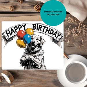 Printable Golden Retriever Balloon Birthday Card