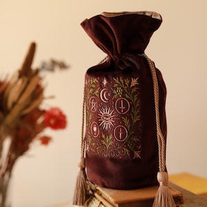 Embroidered Velvet Tarot Bag | Burgundy Alchemical Pouch image 2