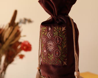 Burgundy Velvet Tarot Pouch with Celestial Embroidery