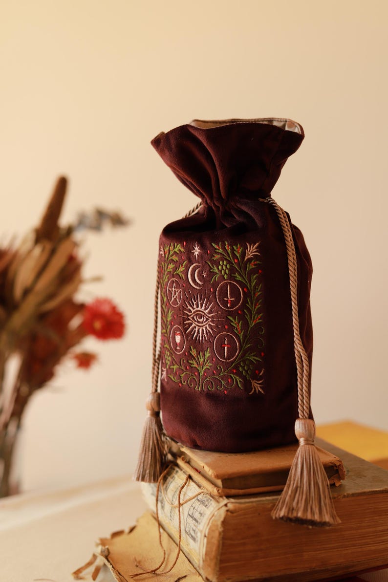 Embroidered Velvet Tarot Bag | Burgundy Alchemical Pouch image 2