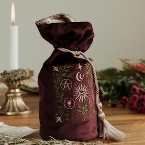 PRE-ORDER – Arcana Nocturna Velvet Tarot Bag | Burgundy Embroidered Drawstring Pouch for Tarot Decks, Crystals & Ritual Tools | Limited
