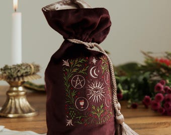 Embroidered Velvet Tarot Bag | Burgundy Alchemical Pouch