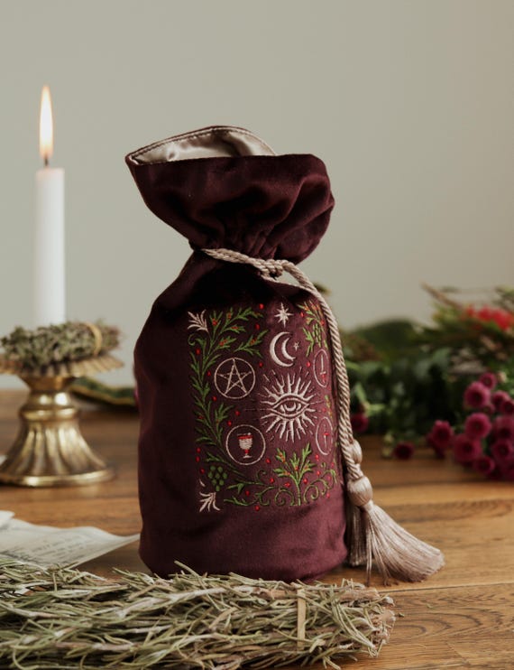 Embroidered Velvet Tarot Bag | Burgundy Alchemical Pouch