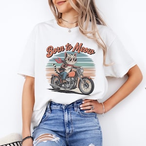 Vintage Motorcycle Cat T Shirt Born to Meow Graphic Unisex Tee Cat Lover Gift Retro Biker