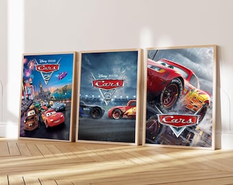 Disney Cars Movie Poster Set of 3, Lightning McQueen Wall Art, Piston Cup, Disneyland Home, Kids Playroom Prints, Toddler Boy Room Decor