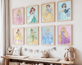 May include: Eight rectangular wall art prints in light wood frames, each featuring a different illustrated princess in a colorful gown. The collection includes characters with distinct hair colors and dresses in shades of pink, green, yellow, blue, and purple.
