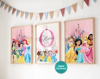 Personalized Princess Nursery Decor, Girls Room Wall Art Set, Disney Princess Custom Name Prints