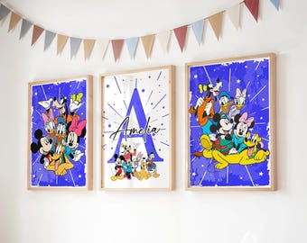 Personlig Disney-väggkonst, Musse Pigg namntryck, Minnie Mouse Långben Donald Daisy Pluto posterset, barnrumsdekor, anpassat namn utskrivbart
