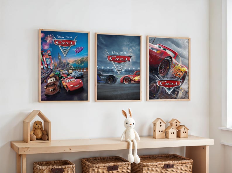 Disney Cars Movie Poster Set of 3, Lightning Mcqueen Wall Art, Piston ...