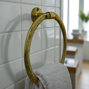 Unlacquered Brass Towel Ring Wall Mount | Hand Etched Bathroom Towel Holder | Vintage Style Brass Hardware
