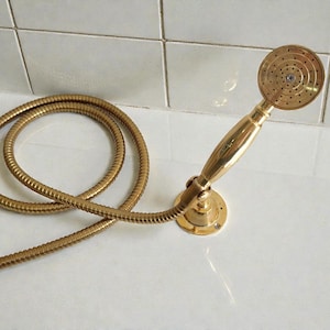 May include: A gold-colored shower head and hose set. The shower head is round with small holes and a curved handle. The hose is coiled and connected to the shower head and a faucet connection. The set is made of metal.