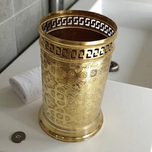 Brass Bathroom Trash Can | Handcrafted Engraved Waste Basket | Decorative Toilet Paper Storage | Bathroom Accessories