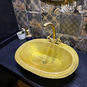 Engraved Brass Bathroom Sink | Oval Drop-in Brass Sink | Antique Aged Brass Vessel | Luxury Sink image 2