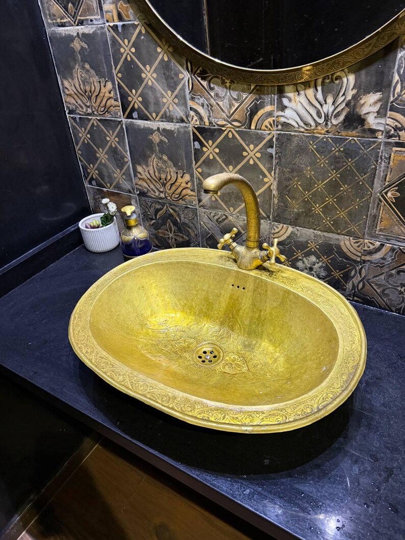Engraved Brass Bathroom Sink | Oval Drop-in Brass Sink | Antique Aged Brass Vessel | Luxury Sink image 2