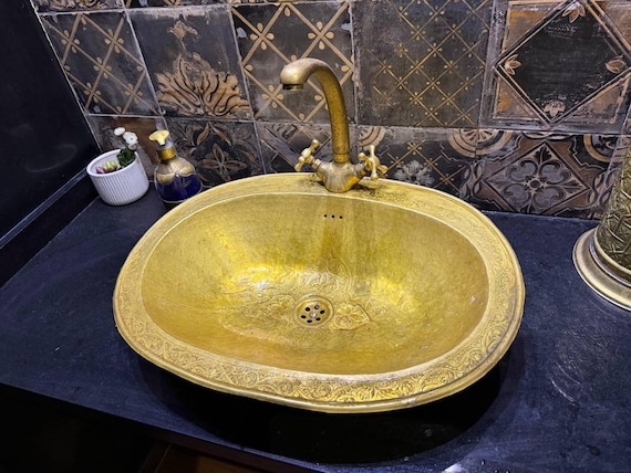 Engraved Brass Bathroom Sink | Oval Drop-in Brass Sink | Antique Aged Brass Vessel | Luxury Sink