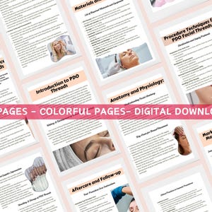 May include: A collection of pink and white digital download pages with text and images related to PDO facial threads. The pages include titles such as "Introduction to PDO Threads" and "Procedure Techniques for PDO Facial Threads." The text "25+ PAGES - COLORFUL PAGES - DIGITAL DOWNLOADS" is displayed.