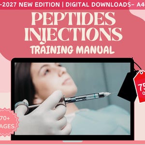 Può includere: Un manuale di formazione digitale intitolato PEPTIDES INJECTIONS TRAINING MANUAL 2026-2027 NEW EDITION | DIGITAL DOWNLOADS- A4 SIZE. Lo schermo mostra una procedura medica con una siringa, un badge 70+ PAGES e un'etichetta rossa 75% OFF.