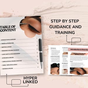 May include: A manual with the title "Table of Content" and the text "Step by Step Guidance and Training". The manual includes sections on eyeliner techniques, client safety, and business. A black pen rests on the manual, which is hyperlinked.
