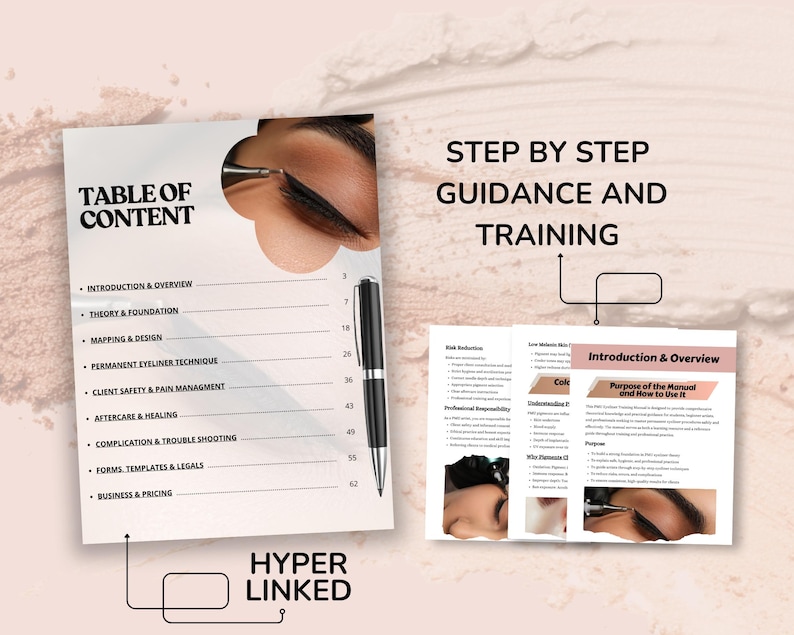May include: A manual with the title "Table of Content" and the text "Step by Step Guidance and Training". The manual includes sections on eyeliner techniques, client safety, and business. A black pen rests on the manual, which is hyperlinked.